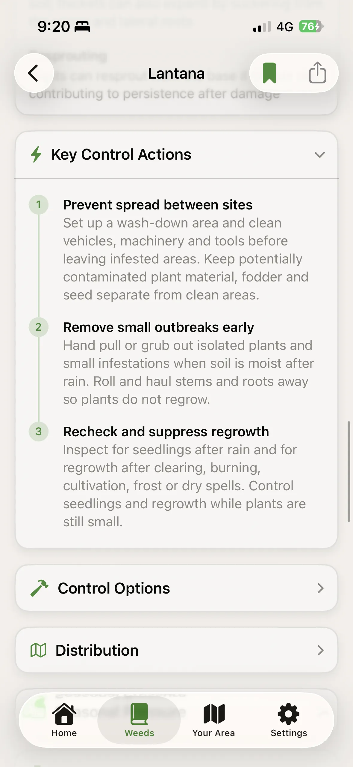 WeedScout key control actions for Lantana, numbered by priority